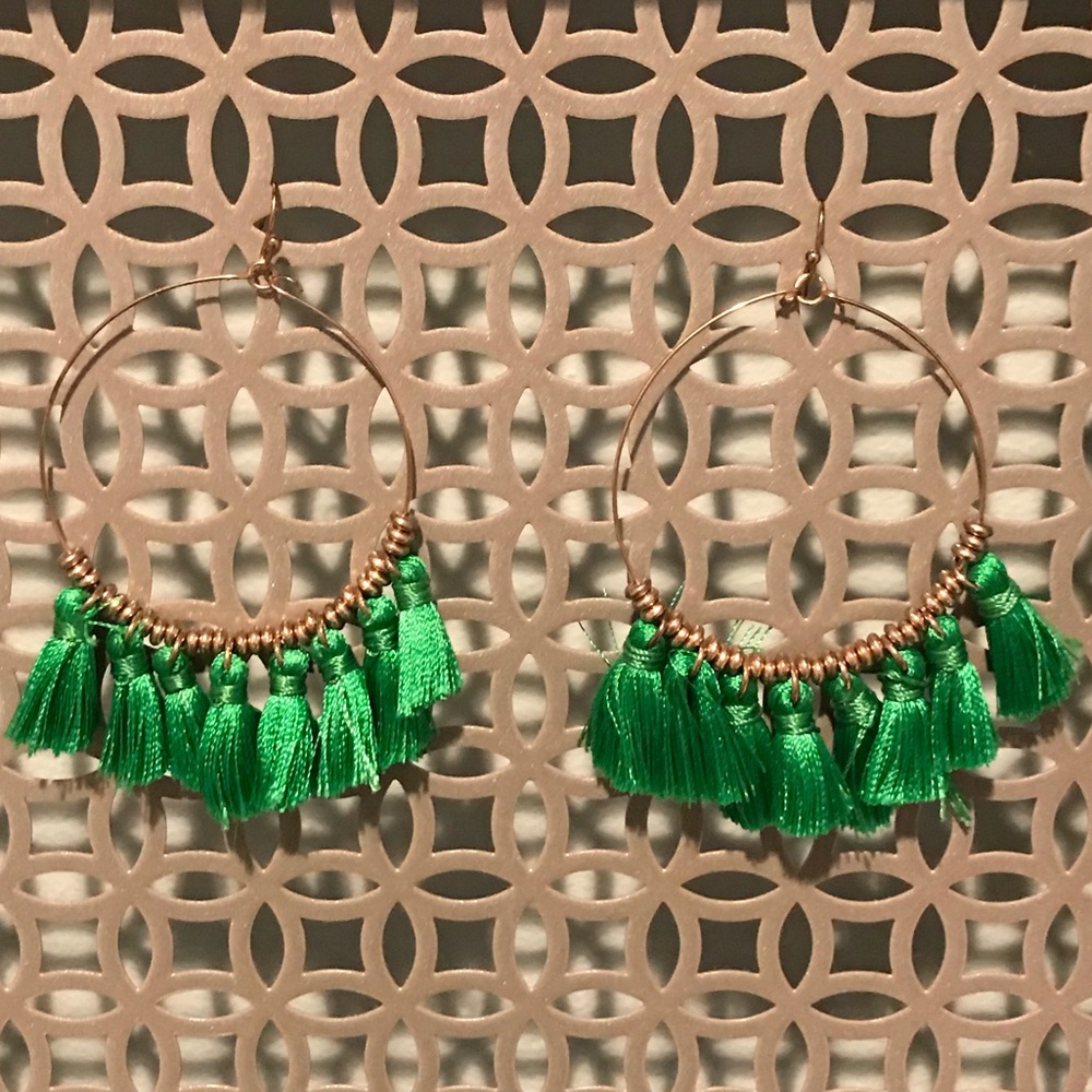 Kelly Green tassel hoop earrings